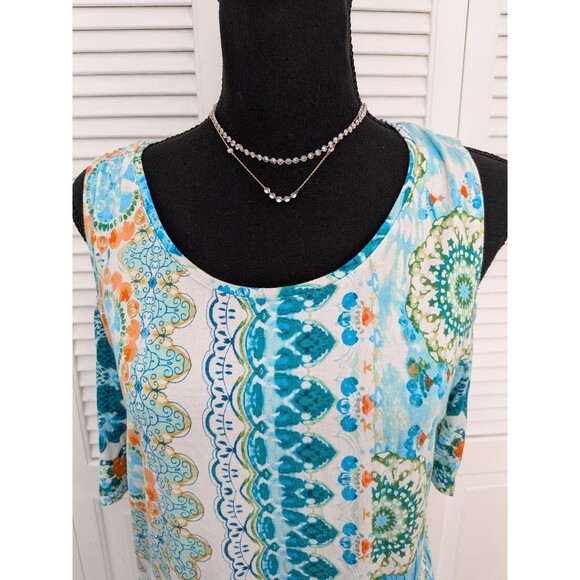 Chico's Top Women M/1 Geo Lagoon Cold Shoulder Tunic Aqua Blue Abstract Stretch - Picture 2 of 12